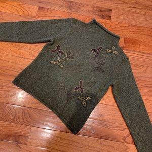 Falling Leaves Olive Embroidered Mohair/Wool Sweater